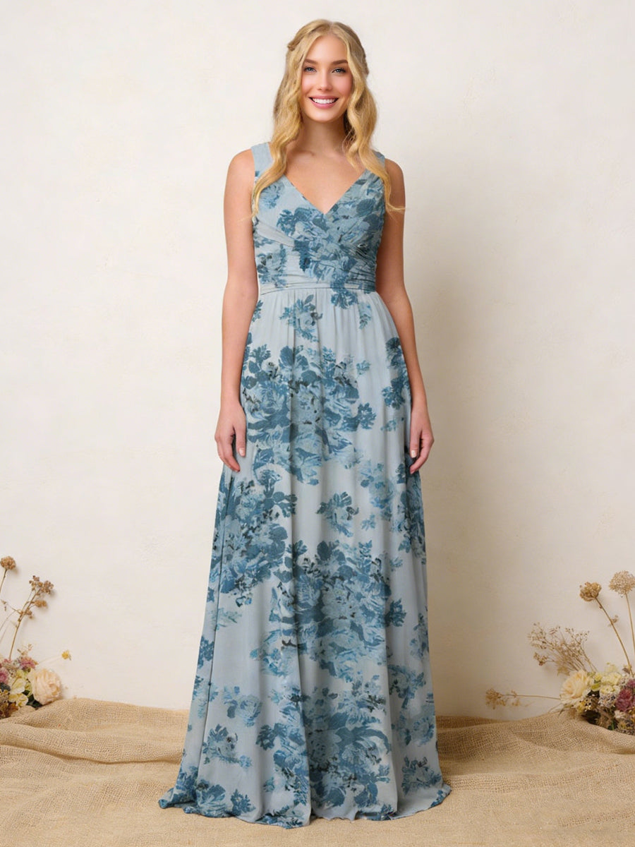 Floral V Neck Pleats A Line Wedding Guest Dresses