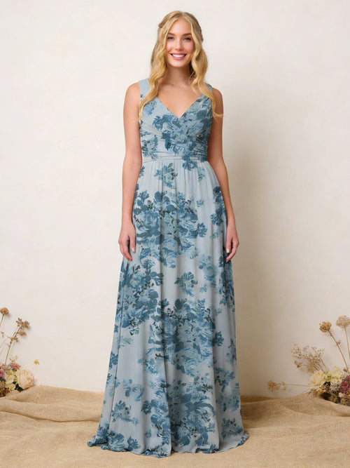Floral V Neck Pleats A Line Wedding Guest Dresses