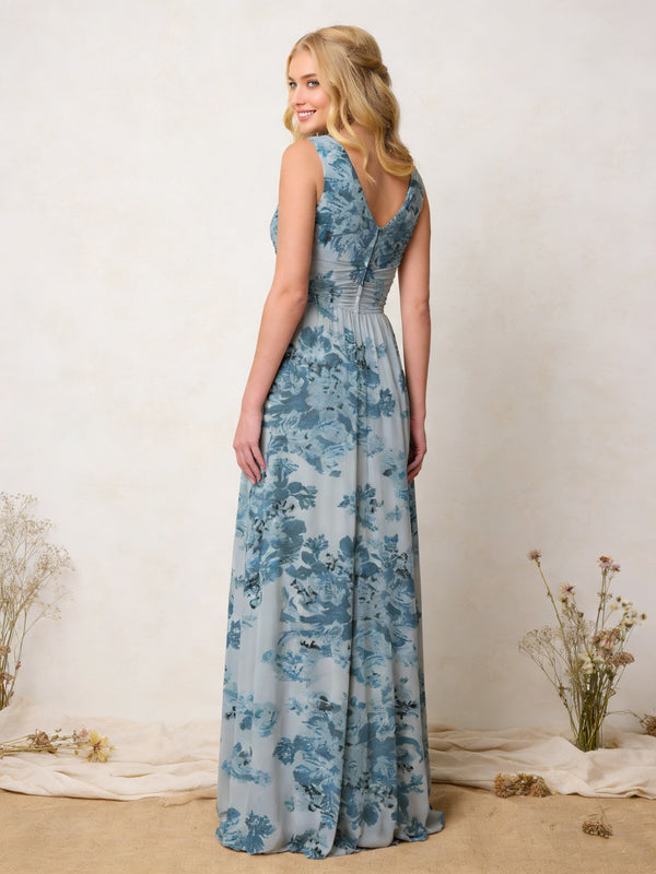 Floral V Neck Pleats A Line Wedding Guest Dresses