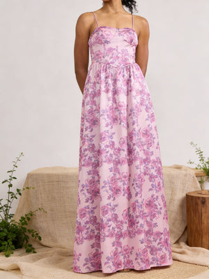 Satin Sweetheart Spaghetti Straps A Line Maxi Wedding Guest Dresses with Floral