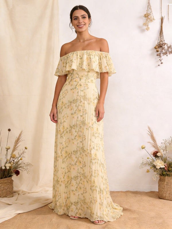 Chiffon Pleated Off the Shoulder Wedding Guest Dresses with Floral