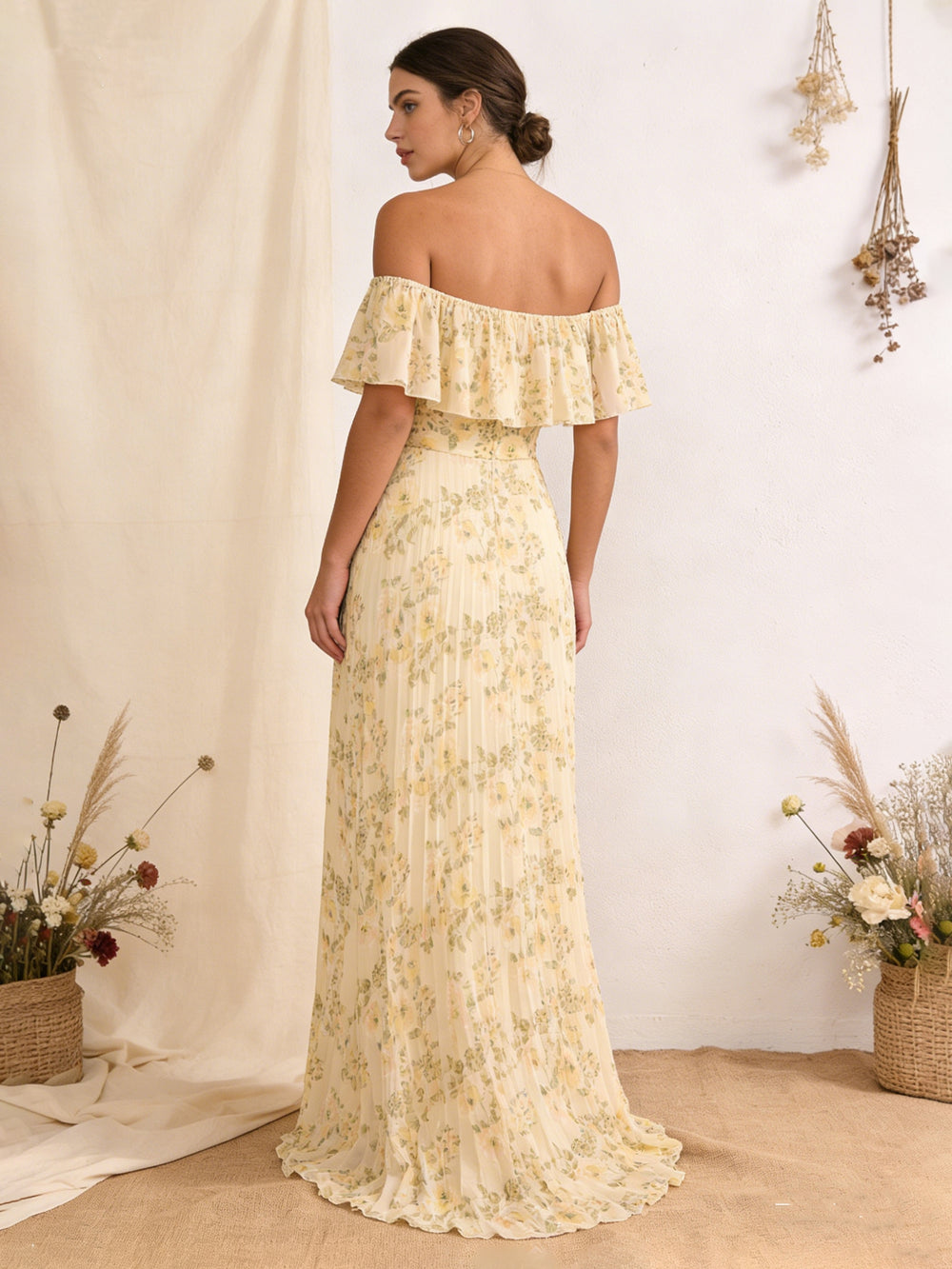 Chiffon Pleated Off the Shoulder Wedding Guest Dresses with Floral