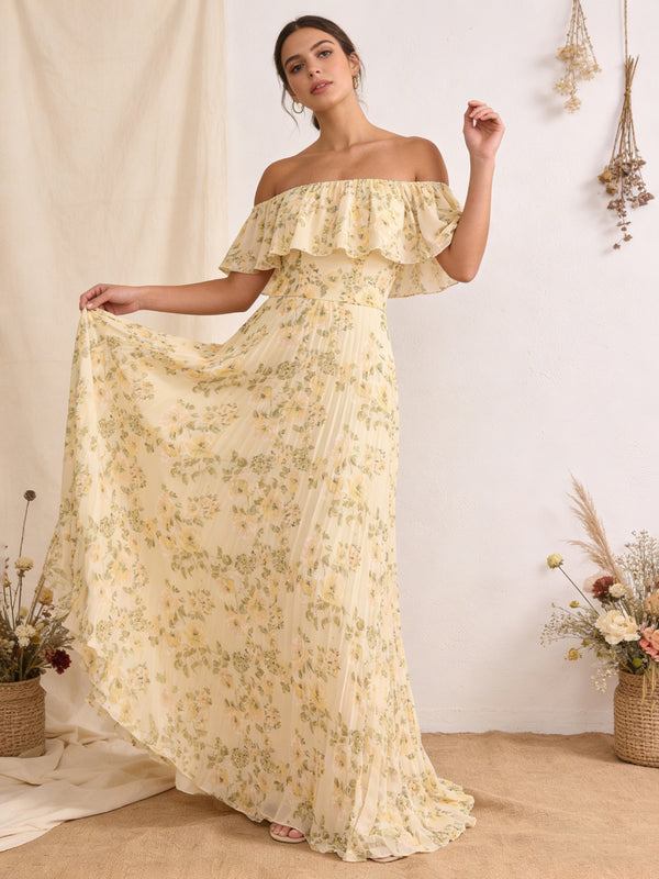 Chiffon Pleated Off the Shoulder Wedding Guest Dresses with Floral