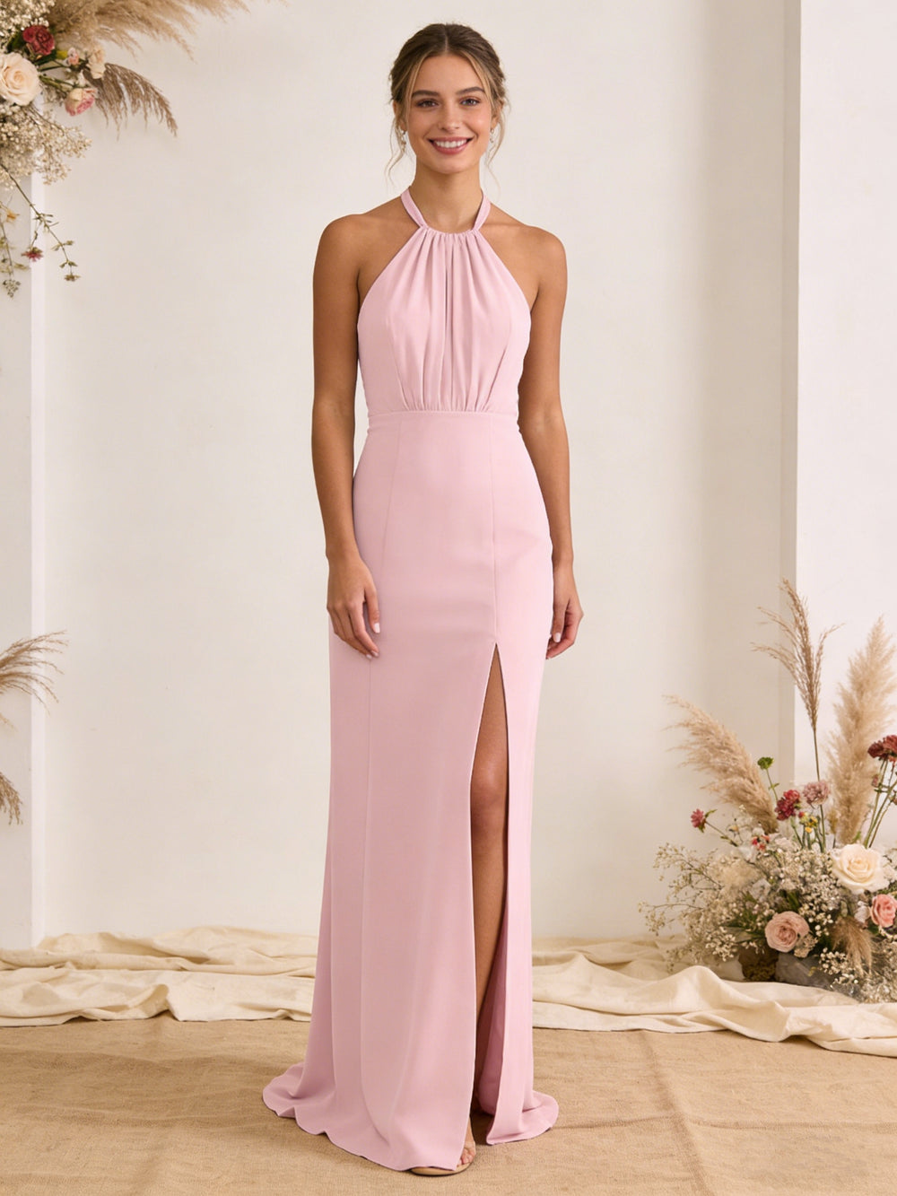Satin Pleated Halter A Line Maxi Bridesmaid Dresses with Slit