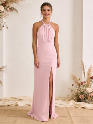 Satin Pleated Halter A Line Maxi Bridesmaid Dresses with Slit