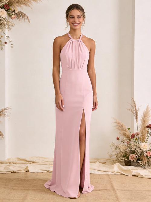 Satin Pleated Halter A Line Maxi Bridesmaid Dresses with Slit