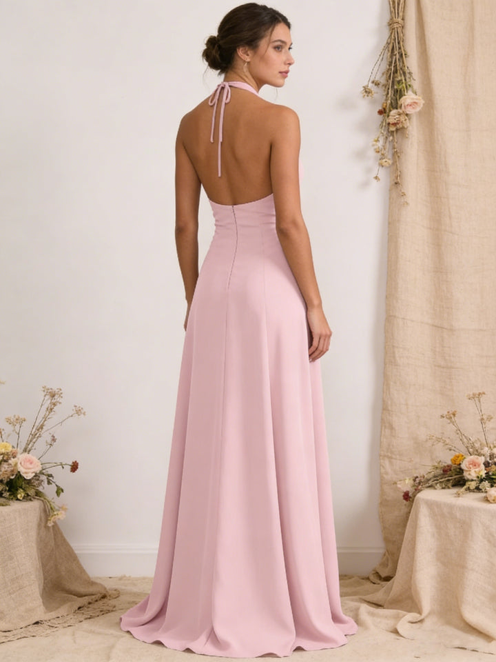 Satin Pleated Halter A Line Maxi Bridesmaid Dresses with Slit