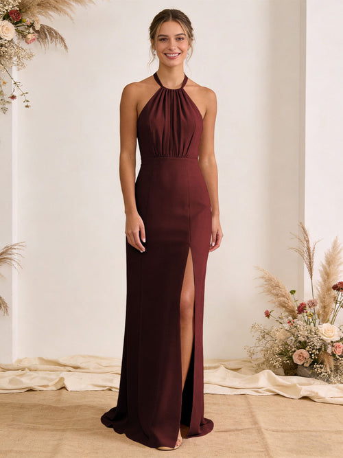 Satin Pleated Halter A Line Maxi Bridesmaid Dresses with Slit