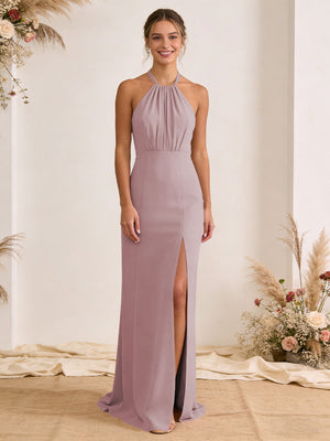 Satin Pleated Halter A Line Maxi Bridesmaid Dresses with Slit