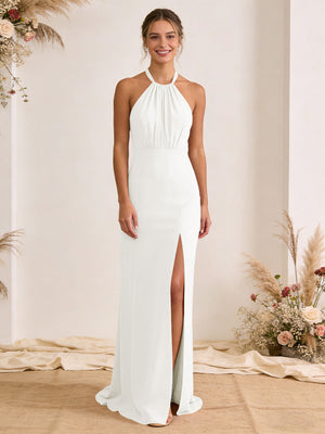 Satin Pleated Halter A Line Maxi Bridesmaid Dresses with Slit