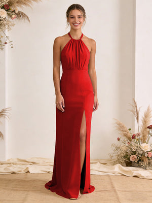 Satin Pleated Halter A Line Maxi Bridesmaid Dresses with Slit