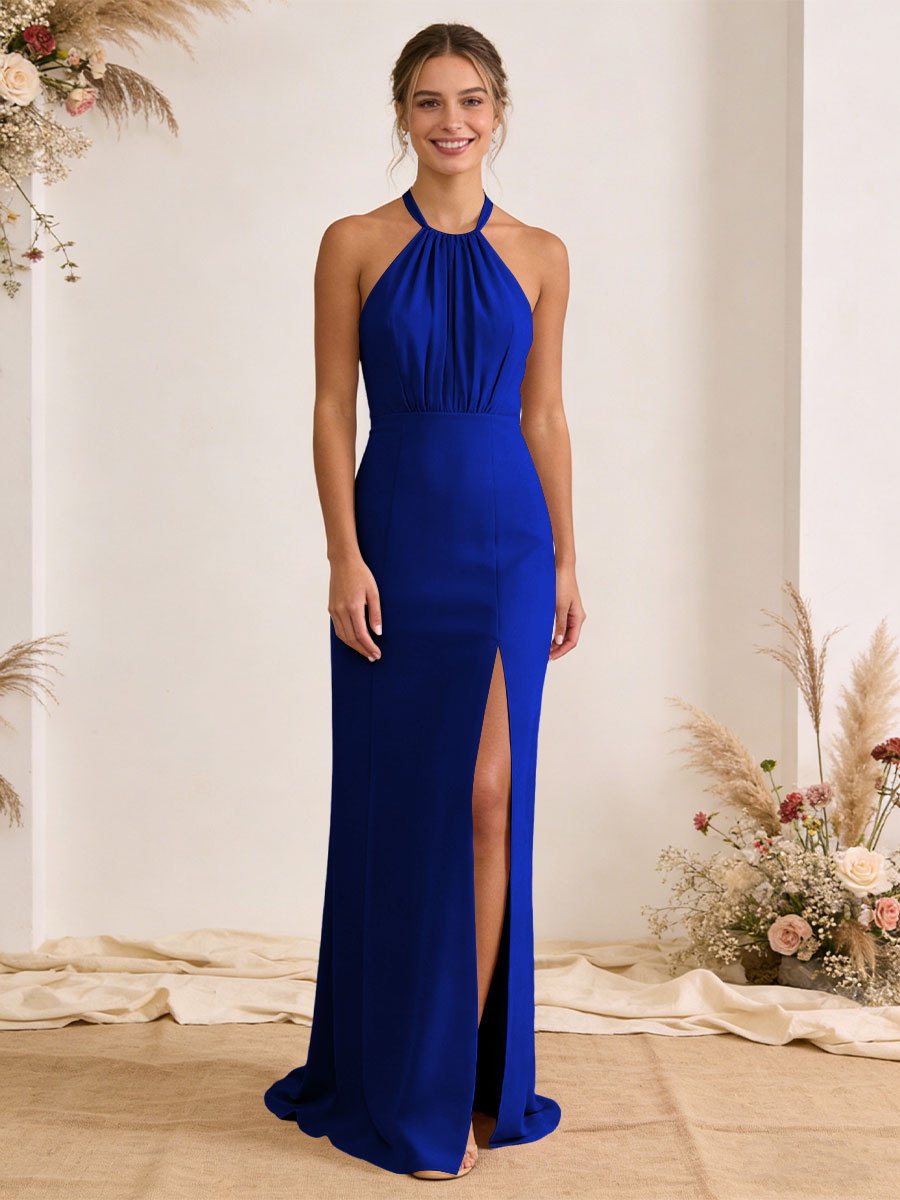 Satin Pleated Halter A Line Maxi Bridesmaid Dresses with Slit