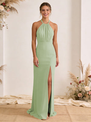 Satin Pleated Halter A Line Maxi Bridesmaid Dresses with Slit