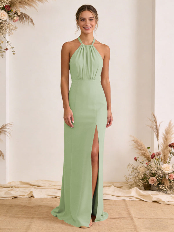 Satin Pleated Halter A Line Maxi Bridesmaid Dresses with Slit