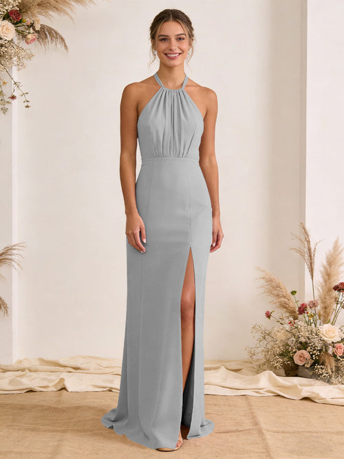 Satin Pleated Halter A Line Maxi Bridesmaid Dresses with Slit