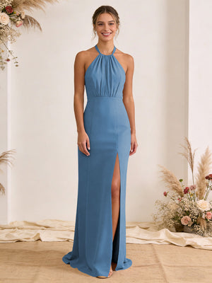 Satin Pleated Halter A Line Maxi Bridesmaid Dresses with Slit