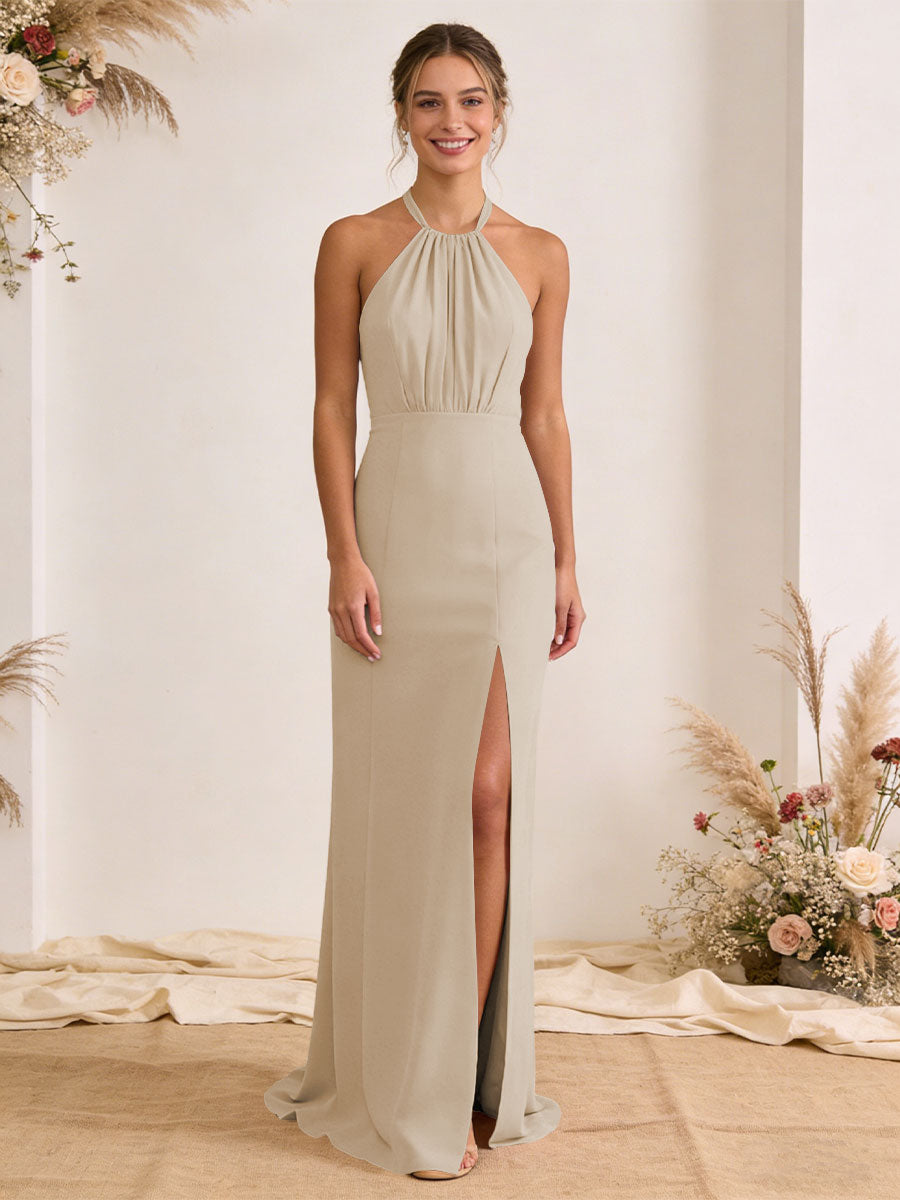Satin Pleated Halter A Line Maxi Bridesmaid Dresses with Slit