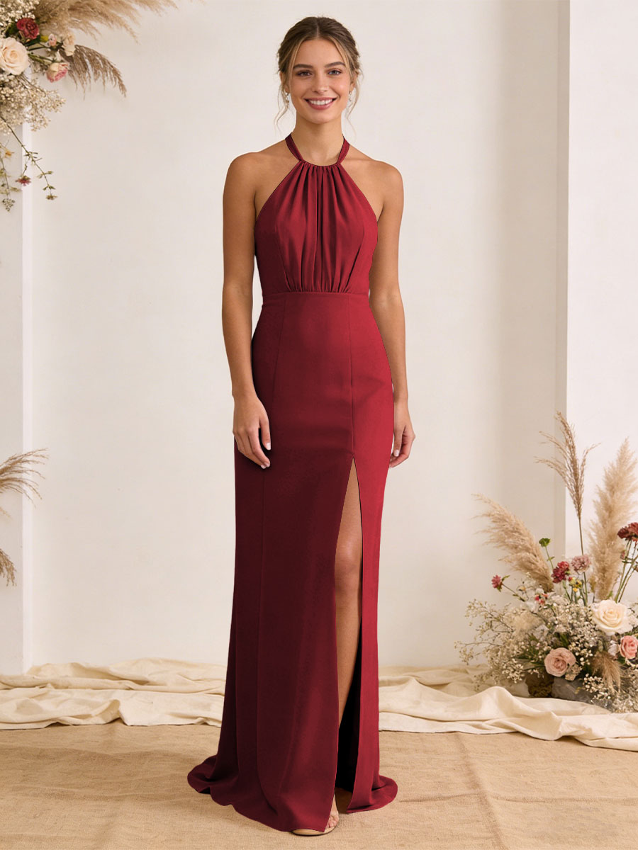 Satin Pleated Halter A Line Maxi Bridesmaid Dresses with Slit