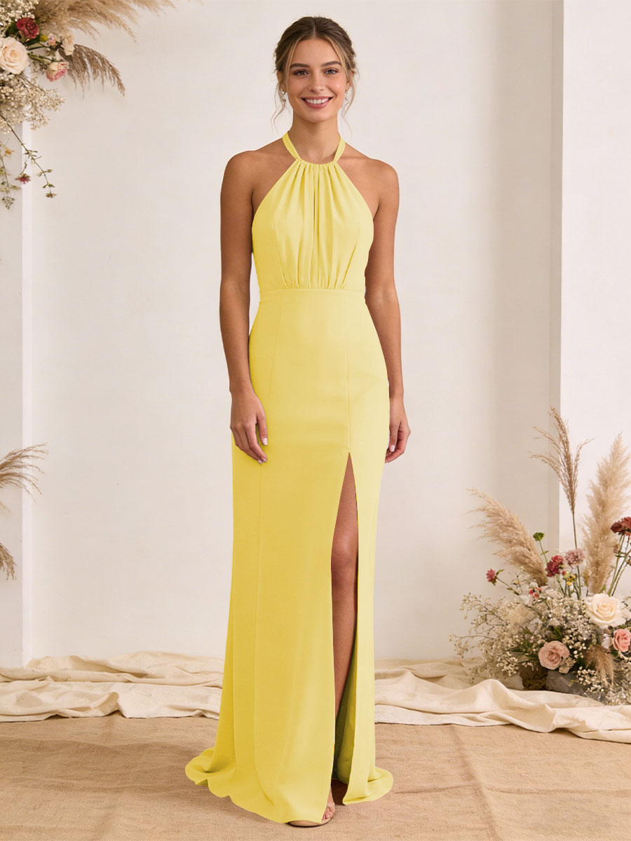 Satin Pleated Halter A Line Maxi Bridesmaid Dresses with Slit