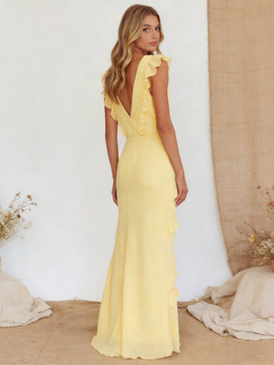 Chiffon Ruffled V Neck Mermaid Maxi Bridesmaid Dresses with Backless Design