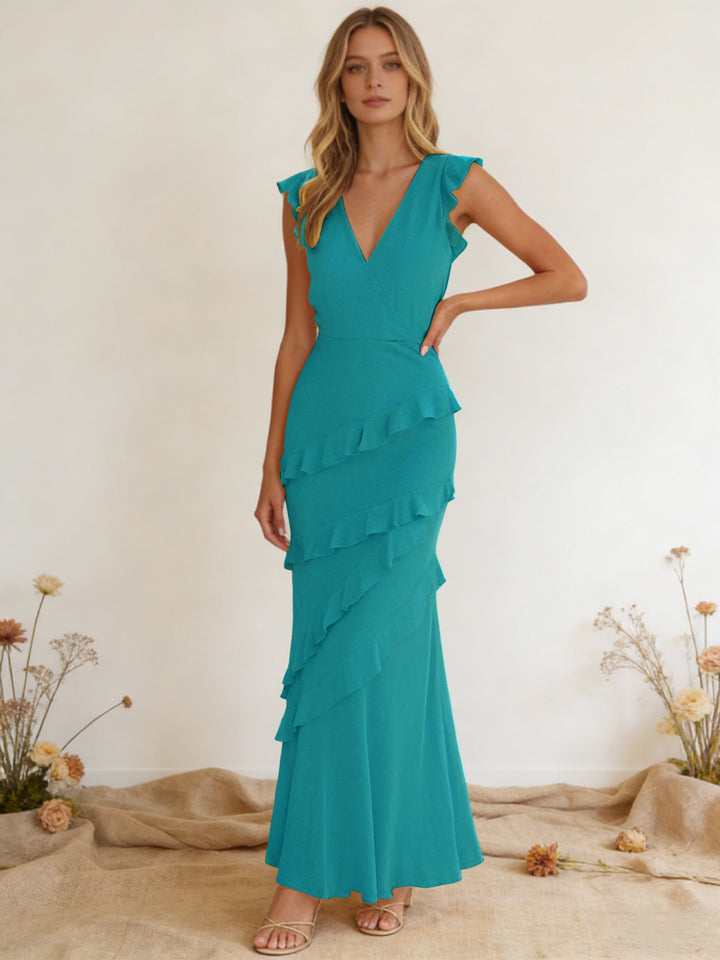 Chiffon Ruffled V Neck Mermaid Maxi Bridesmaid Dresses with Backless Design
