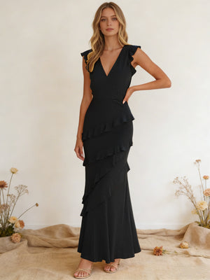 Chiffon Ruffled V Neck Mermaid Maxi Bridesmaid Dresses with Backless Design