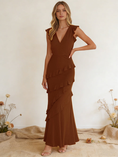 Chiffon Ruffled V Neck Mermaid Maxi Bridesmaid Dresses with Backless Design