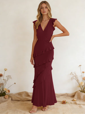 Chiffon Ruffled V Neck Mermaid Maxi Bridesmaid Dresses with Backless Design
