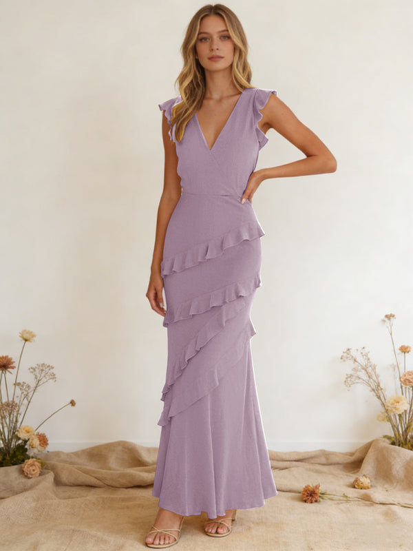 Chiffon Ruffled V Neck Mermaid Maxi Bridesmaid Dresses with Backless Design