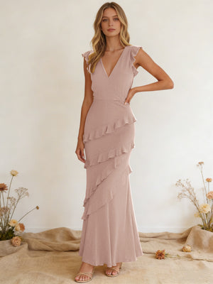 Chiffon Ruffled V Neck Mermaid Maxi Bridesmaid Dresses with Backless Design
