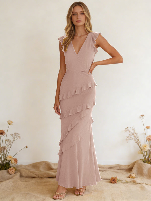 Chiffon Ruffled V Neck Mermaid Maxi Bridesmaid Dresses with Backless Design
