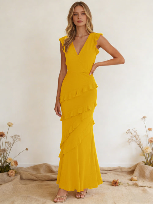 Chiffon Ruffled V Neck Mermaid Maxi Bridesmaid Dresses with Backless Design