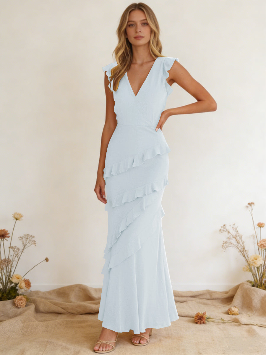 Chiffon Ruffled V Neck Mermaid Maxi Bridesmaid Dresses with Backless Design