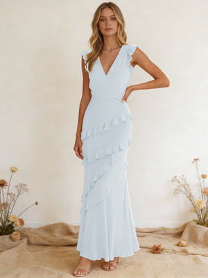 Chiffon Ruffled V Neck Mermaid Maxi Bridesmaid Dresses with Backless Design