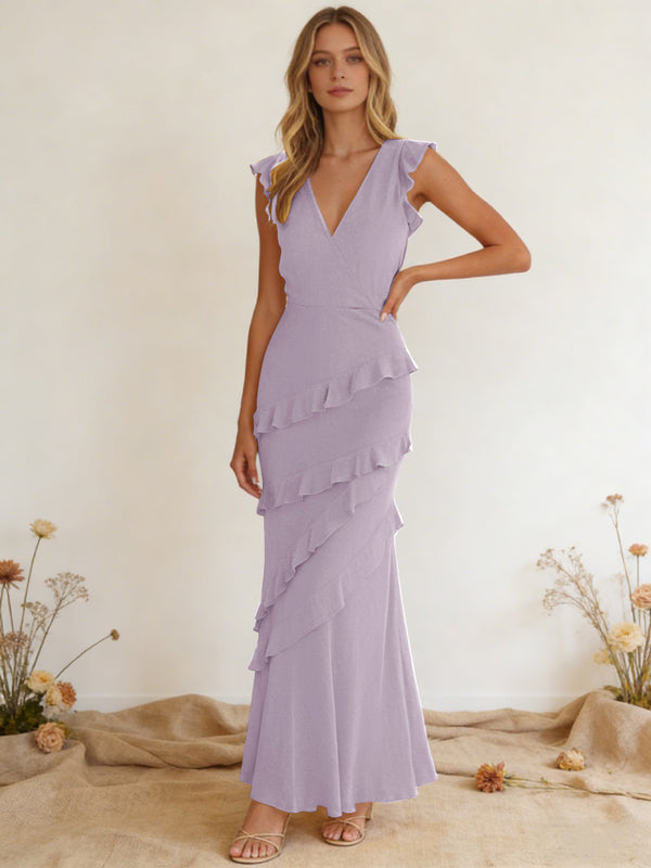 Chiffon Ruffled V Neck Mermaid Maxi Bridesmaid Dresses with Backless Design