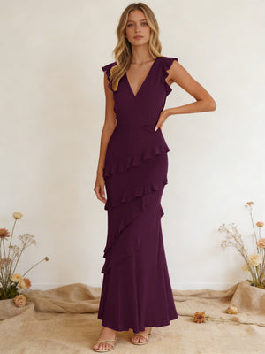 Chiffon Ruffled V Neck Mermaid Maxi Bridesmaid Dresses with Backless Design