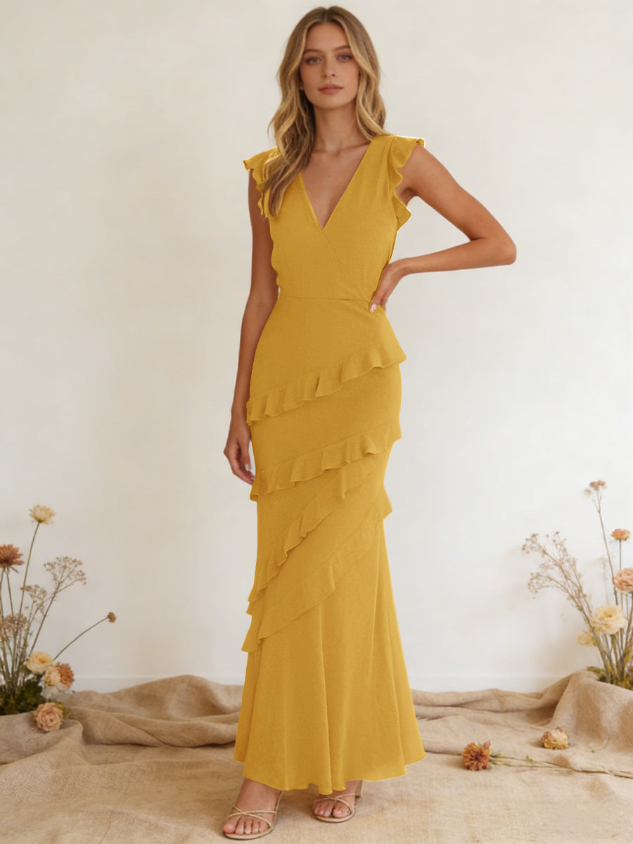 Chiffon Ruffled V Neck Mermaid Maxi Bridesmaid Dresses with Backless Design