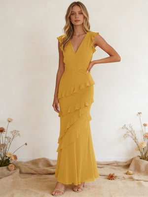 Chiffon Ruffled V Neck Mermaid Maxi Bridesmaid Dresses with Backless Design