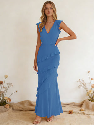 Chiffon Ruffled V Neck Mermaid Maxi Bridesmaid Dresses with Backless Design