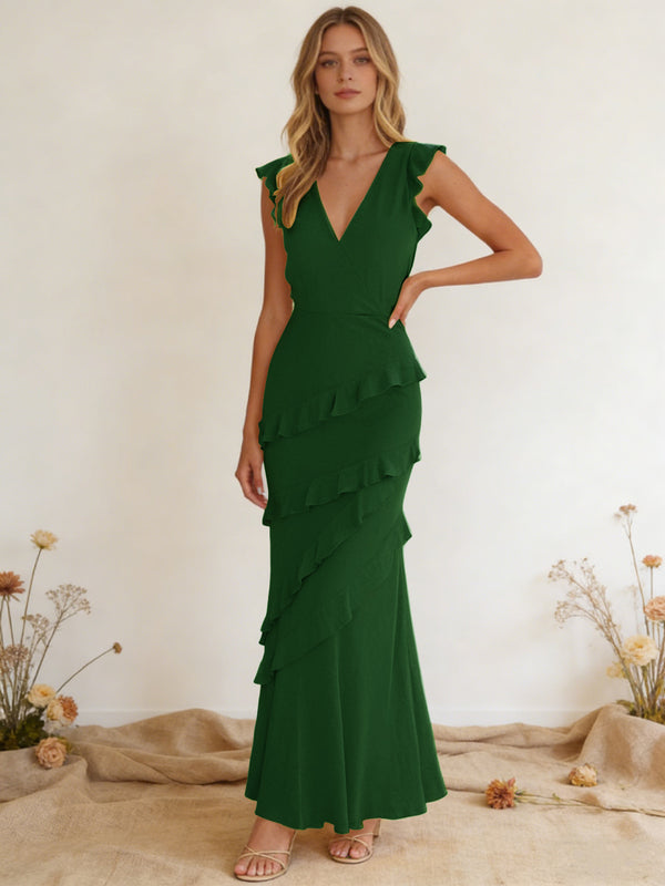 Chiffon Ruffled V Neck Mermaid Maxi Bridesmaid Dresses with Backless Design