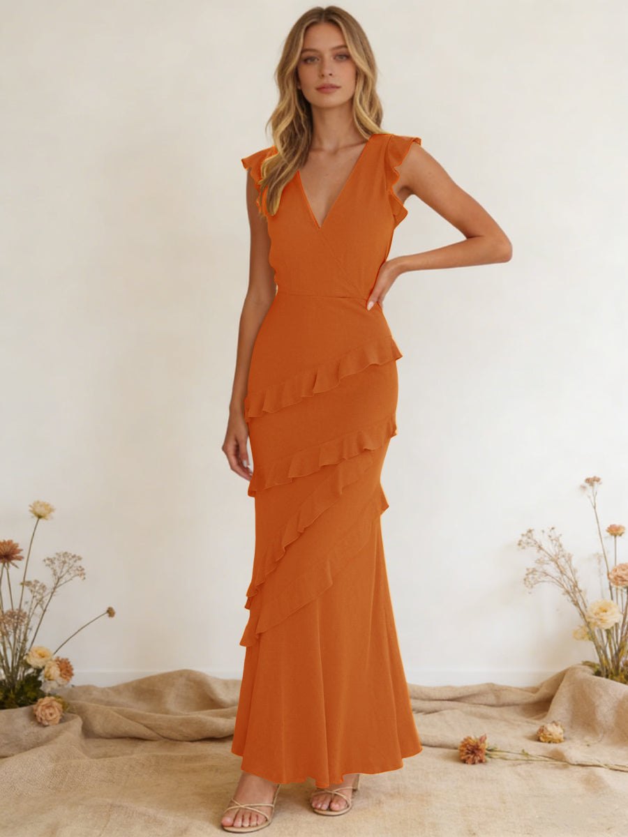 Chiffon Ruffled V Neck Mermaid Maxi Bridesmaid Dresses with Backless Design