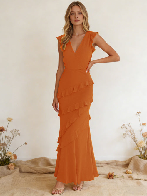 Chiffon Ruffled V Neck Mermaid Maxi Bridesmaid Dresses with Backless Design