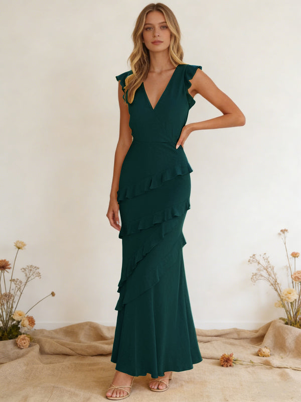 Chiffon Ruffled V Neck Mermaid Maxi Bridesmaid Dresses with Backless Design