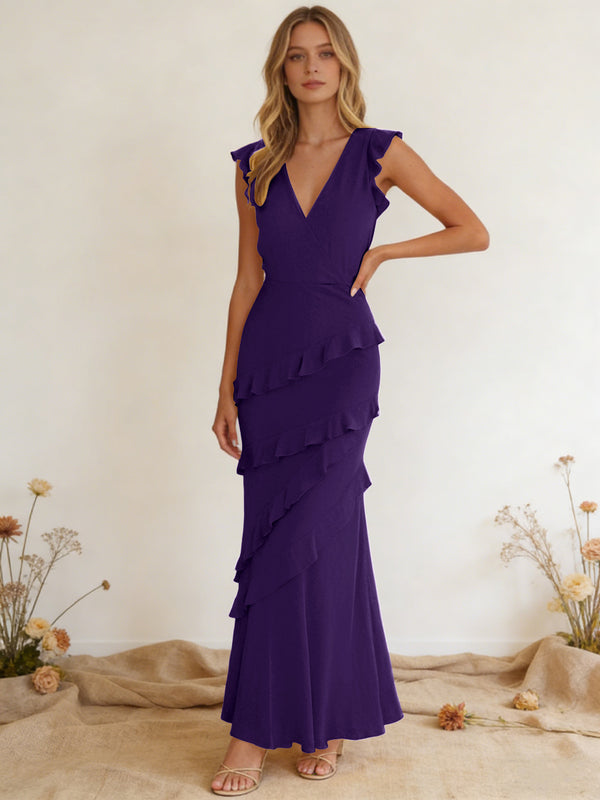 Chiffon Ruffled V Neck Mermaid Maxi Bridesmaid Dresses with Backless Design