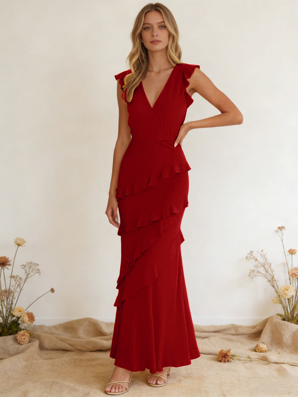 Chiffon Ruffled V Neck Mermaid Maxi Bridesmaid Dresses with Backless Design