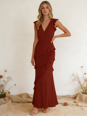 Chiffon Ruffled V Neck Mermaid Maxi Bridesmaid Dresses with Backless Design