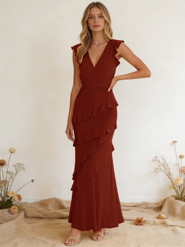 Chiffon Ruffled V Neck Mermaid Maxi Bridesmaid Dresses with Backless Design
