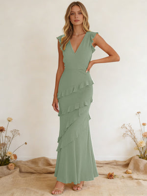 Chiffon Ruffled V Neck Mermaid Maxi Bridesmaid Dresses with Backless Design