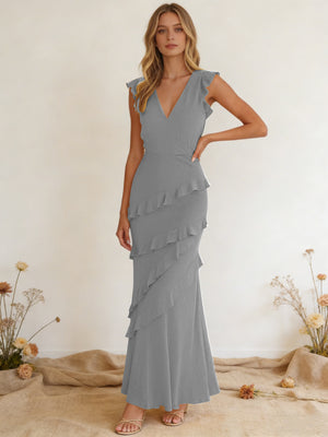 Chiffon Ruffled V Neck Mermaid Maxi Bridesmaid Dresses with Backless Design