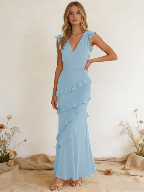 Chiffon Ruffled V Neck Mermaid Maxi Bridesmaid Dresses with Backless Design